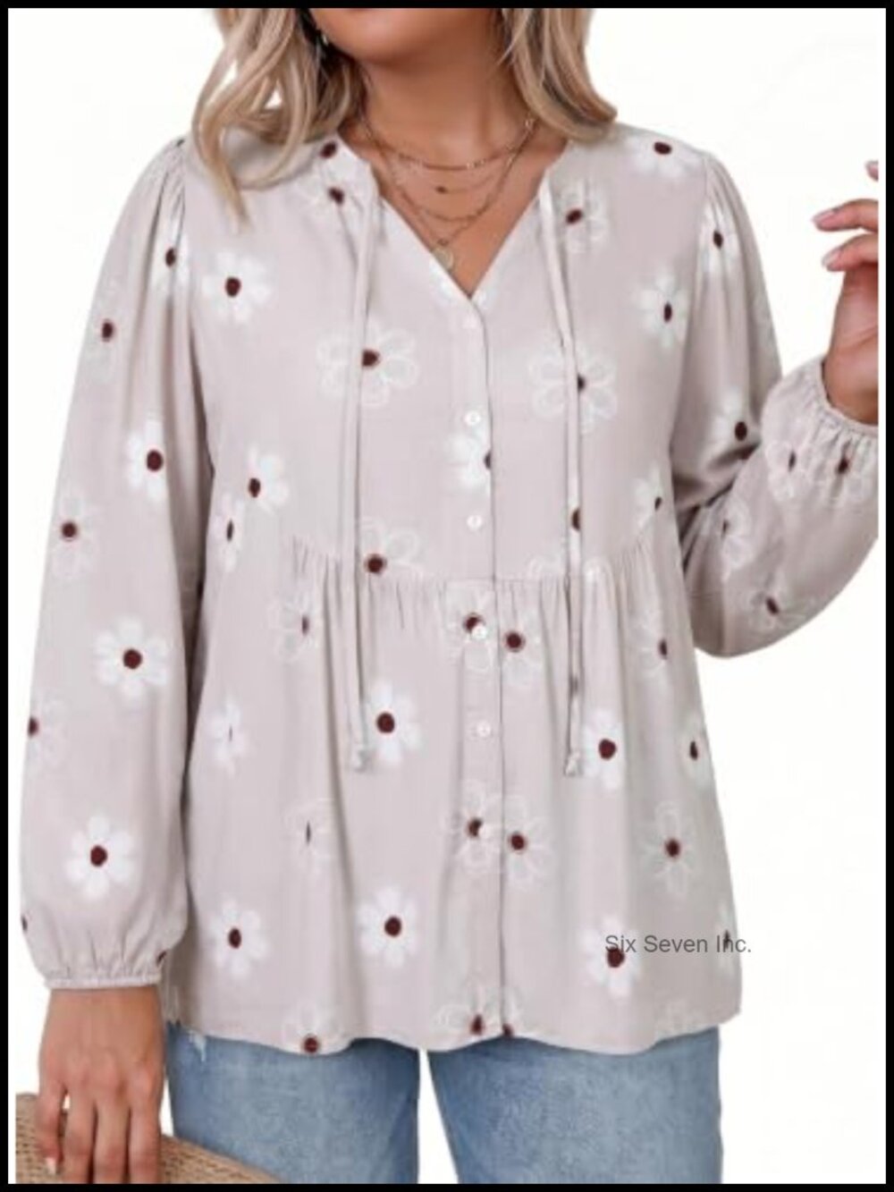 Plus Size Boho V Neck Button Down Long Sleeve Peplum Blouse Top